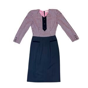 Vintage 1980s Valentino Miss V Made in Italy Pink & Black Wool Houndstooth Dress